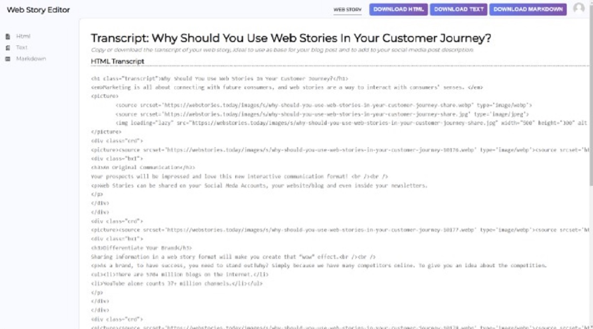 Transcript Formats - Web Stories Editor